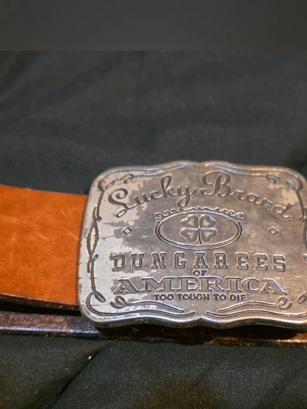 Vintage Women's Lucky Brand Leather Belt - Too Tough To Die Buckle - M
